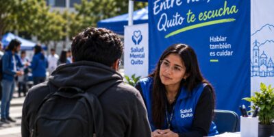 Una mujer atiende a un ciudadano en un puesto de la campaña «Entre nos, Quito te escucha».