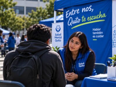 Una mujer atiende a un ciudadano en un puesto de la campaña «Entre nos, Quito te escucha».