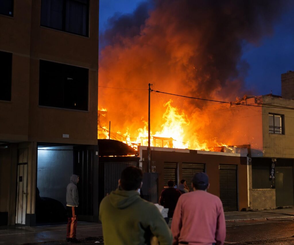 Llamas y humo junto a una vivienda al anochecer, con personas en la calle.