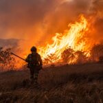 Una persona observa llamas y humo que avanzan sobre la vegetación.