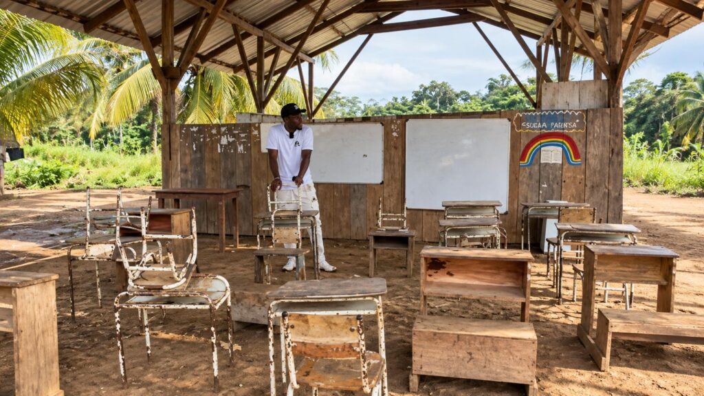 Estudiantes y pupitres en un aula rural con techo de madera y paredes abiertas.