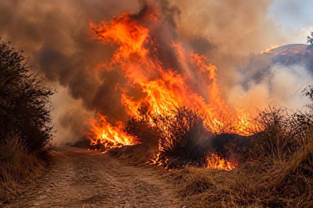 Llamas y humo cubren vegetación seca junto a una ladera.