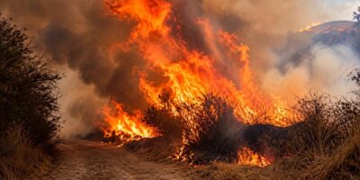 Llamas y humo cubren vegetación seca junto a una ladera.