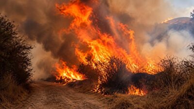 Llamas y humo cubren vegetación seca junto a una ladera.