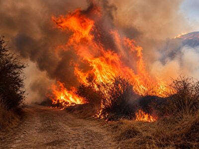 Llamas y humo cubren vegetación seca junto a una ladera.