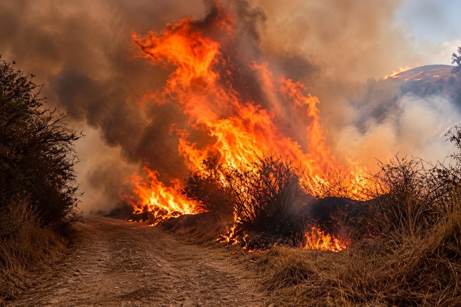 Llamas y humo cubren vegetación seca junto a una ladera.