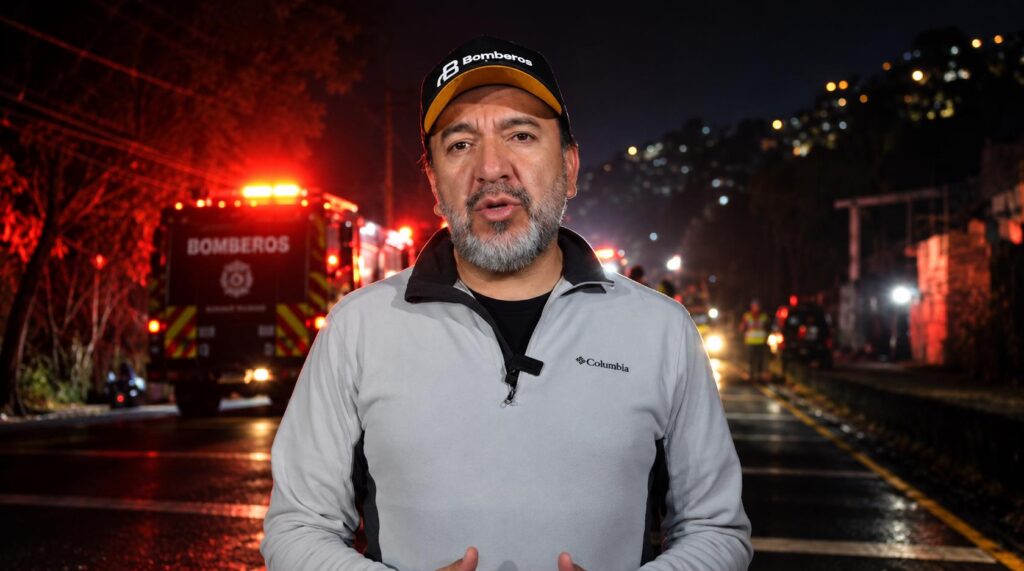 Un integrante del Cuerpo de Bomberos habla ante la cámara con unidades de emergencia al fondo.