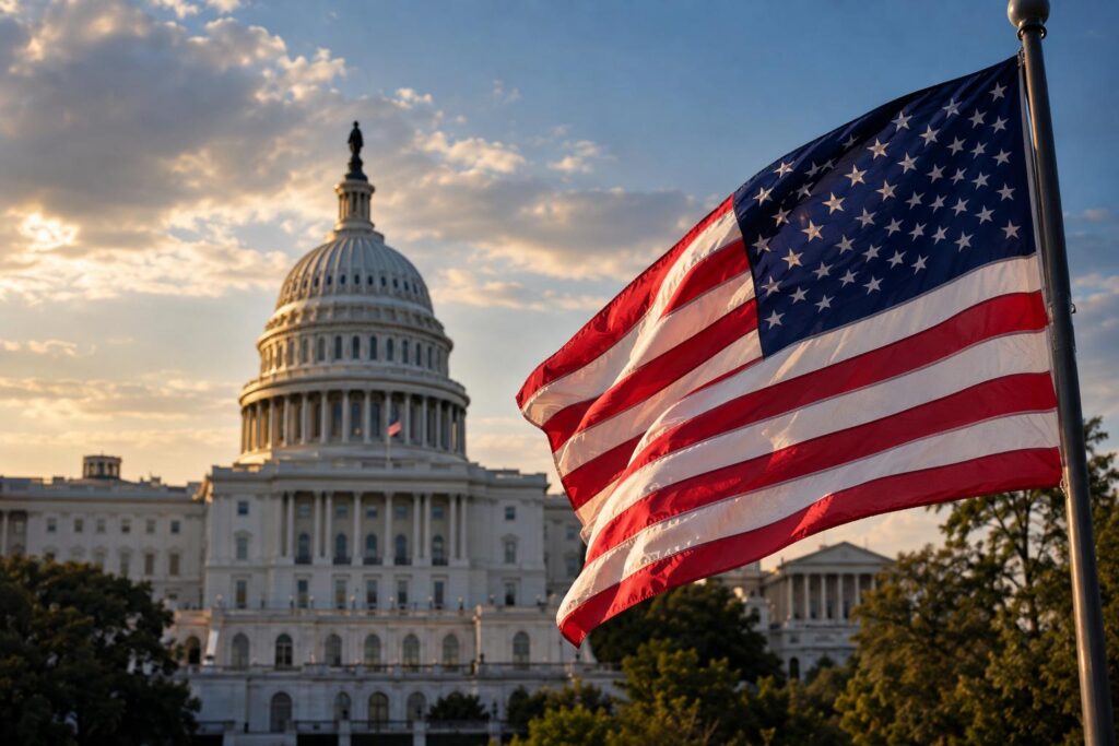 El Capitolio de Estados Unidos y una bandera estadounidense al atardecer.