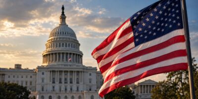 El Capitolio de Estados Unidos y una bandera estadounidense al atardecer.