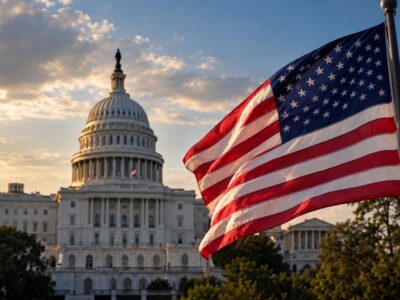 El Capitolio de Estados Unidos y una bandera estadounidense al atardecer.