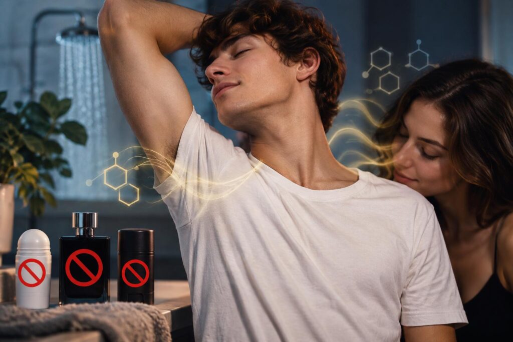 Imagen ilustrativa de una mujer junto a un hombre que levanta un brazo, acompañada de símbolos de productos de higiene.