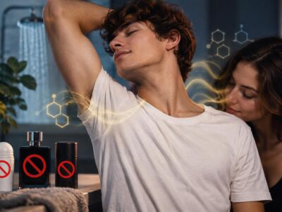 Imagen ilustrativa de una mujer junto a un hombre que levanta un brazo, acompañada de símbolos de productos de higiene.