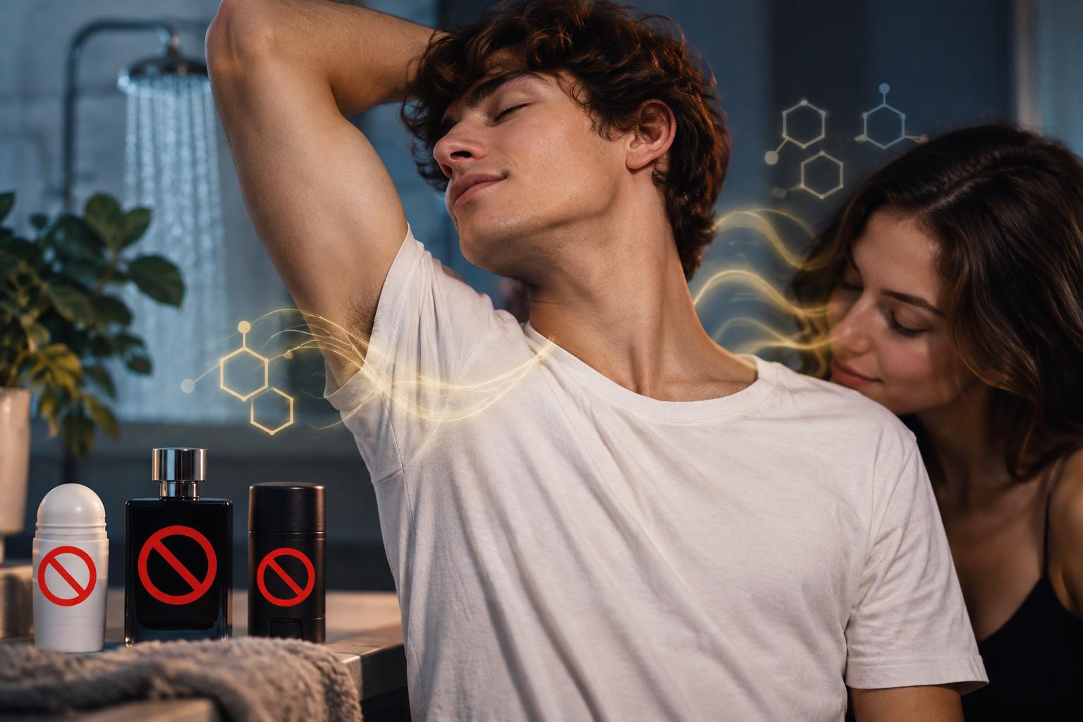 Imagen ilustrativa de una mujer junto a un hombre que levanta un brazo, acompañada de símbolos de productos de higiene.