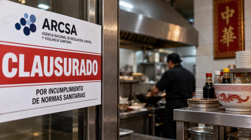 Composición de un aviso de clausura de ARCSA y el interior de una cocina de restaurante.