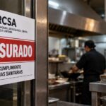 Composición de un aviso de clausura de ARCSA y el interior de una cocina de restaurante.