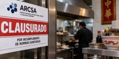 Composición de un aviso de clausura de ARCSA y el interior de una cocina de restaurante.