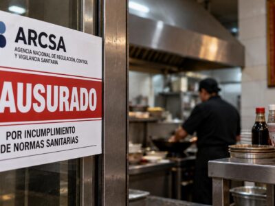 Composición de un aviso de clausura de ARCSA y el interior de una cocina de restaurante.