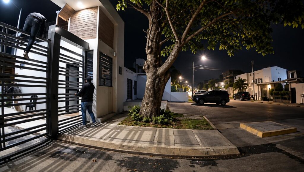 Entrada de una urbanización y una acera iluminadas durante la noche.