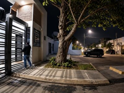 Entrada de una urbanización y una acera iluminadas durante la noche.