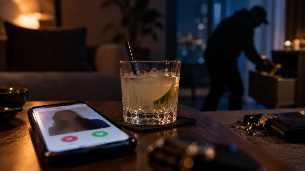 Imagen ilustrativa de un teléfono y un vaso sobre una mesa, con una persona al fondo.