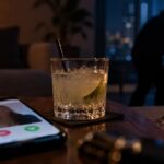 Imagen ilustrativa de un teléfono y un vaso sobre una mesa, con una persona al fondo.