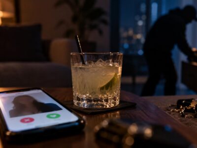 Imagen ilustrativa de un teléfono y un vaso sobre una mesa, con una persona al fondo.