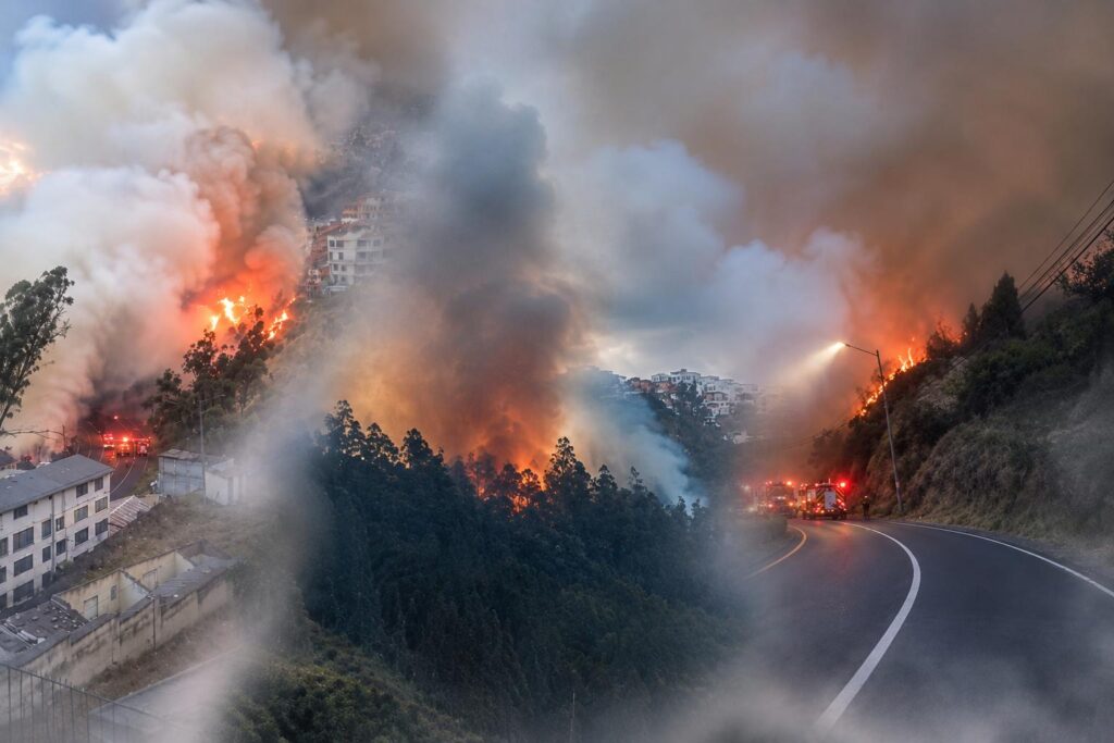 Incendio y humo en una ladera junto a una vía y edificios.