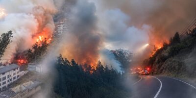 Incendio y humo en una ladera junto a una vía y edificios.