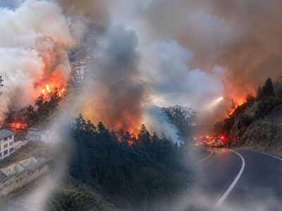 Incendio y humo en una ladera junto a una vía y edificios.