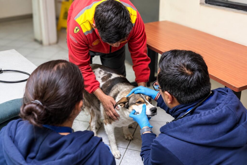 Personal con guantes atiende a un perro sobre una mesa.