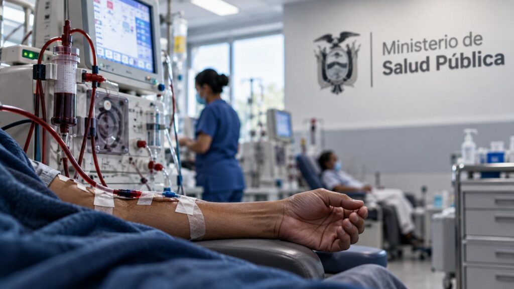 Composición de un paciente conectado a un equipo de diálisis y el emblema del Ministerio de Salud Pública.