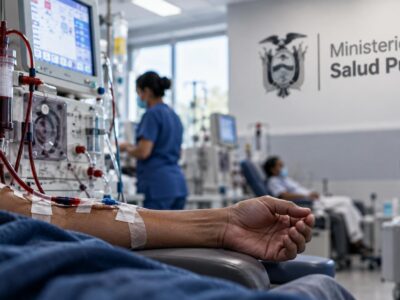 Composición de un paciente conectado a un equipo de diálisis y el emblema del Ministerio de Salud Pública.
