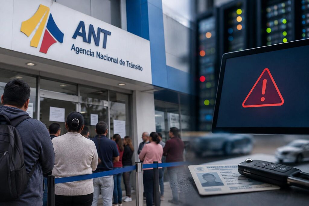 Composición de ciudadanos en una oficina de la ANT y una pantalla con un símbolo de alerta.