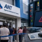 Composición de ciudadanos en una oficina de la ANT y una pantalla con un símbolo de alerta.