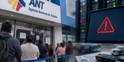 Composición de ciudadanos en una oficina de la ANT y una pantalla con un símbolo de alerta.