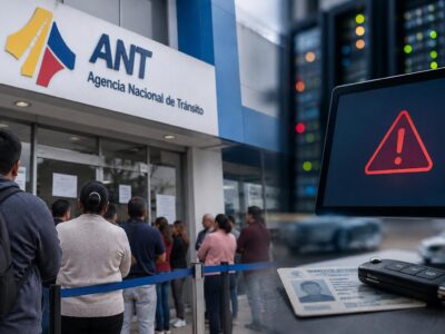 Composición de ciudadanos en una oficina de la ANT y una pantalla con un símbolo de alerta.