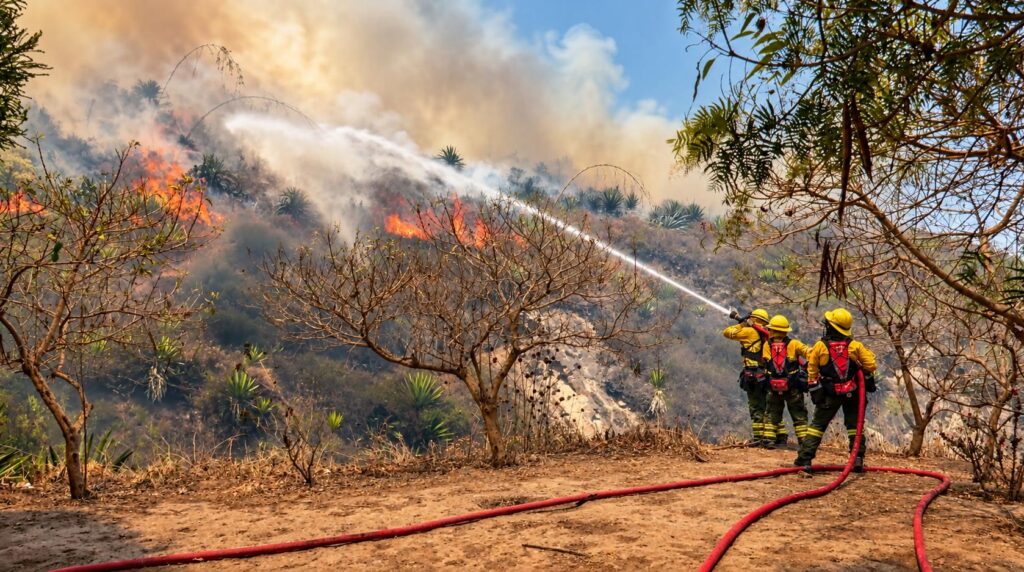 Bomberos trabajan con una manguera junto a una ladera con vegetación en llamas.