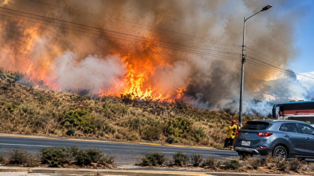 Llamas y humo sobre una ladera junto a una vía con vehículos.