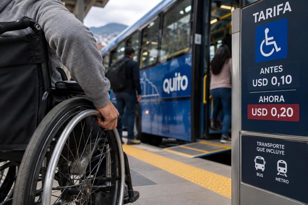 Composición de una persona en silla de ruedas junto a un autobús y un aviso de tarifa preferencial.
