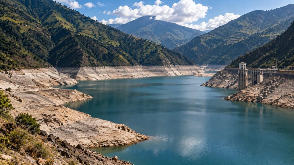 Un embalse entre montañas, con una amplia franja de terreno expuesto junto al agua.