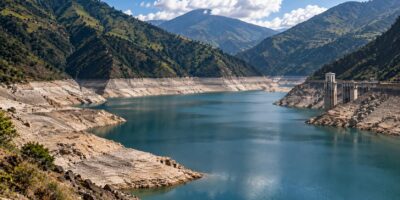 Un embalse entre montañas, con una amplia franja de terreno expuesto junto al agua.