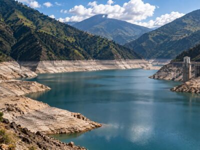 Un embalse entre montañas, con una amplia franja de terreno expuesto junto al agua.