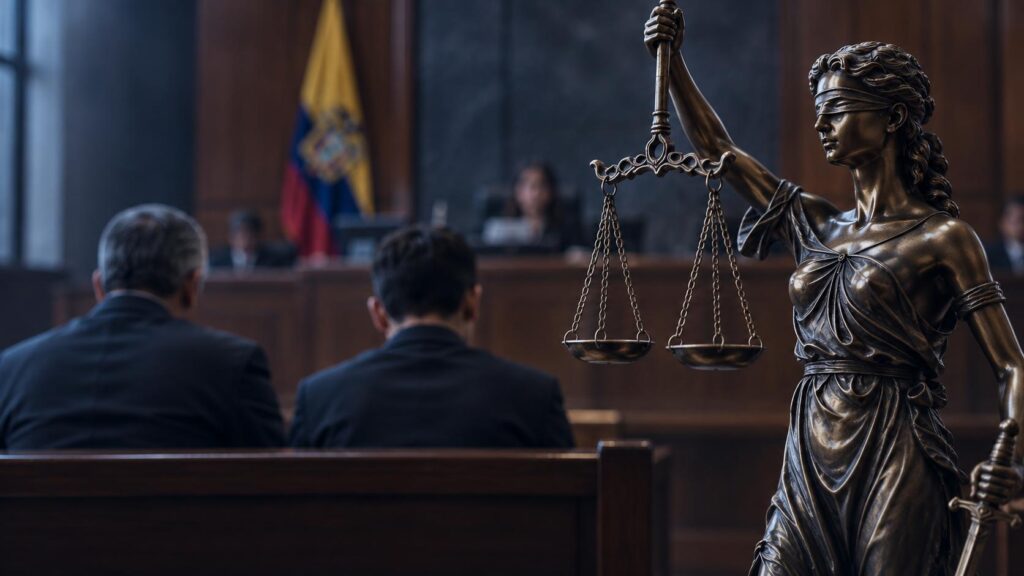 Imagen ilustrativa de una estatua de la Justicia con una balanza, frente a una sala judicial.