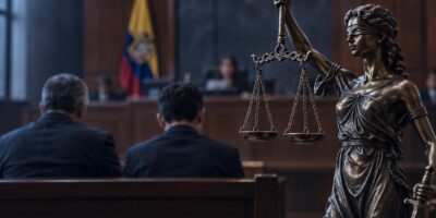 Imagen ilustrativa de una estatua de la Justicia con una balanza, frente a una sala judicial.