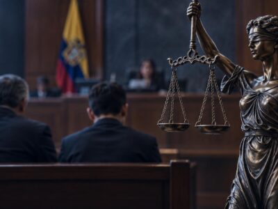 Imagen ilustrativa de una estatua de la Justicia con una balanza, frente a una sala judicial.