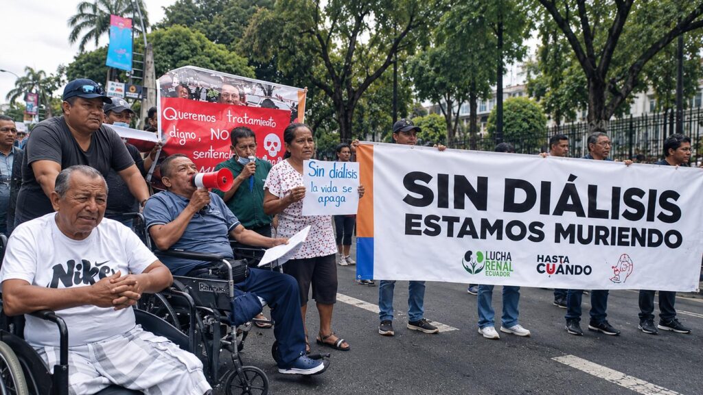 Manifestantes con un cartel que dice «Sin diálisis estamos muriendo».