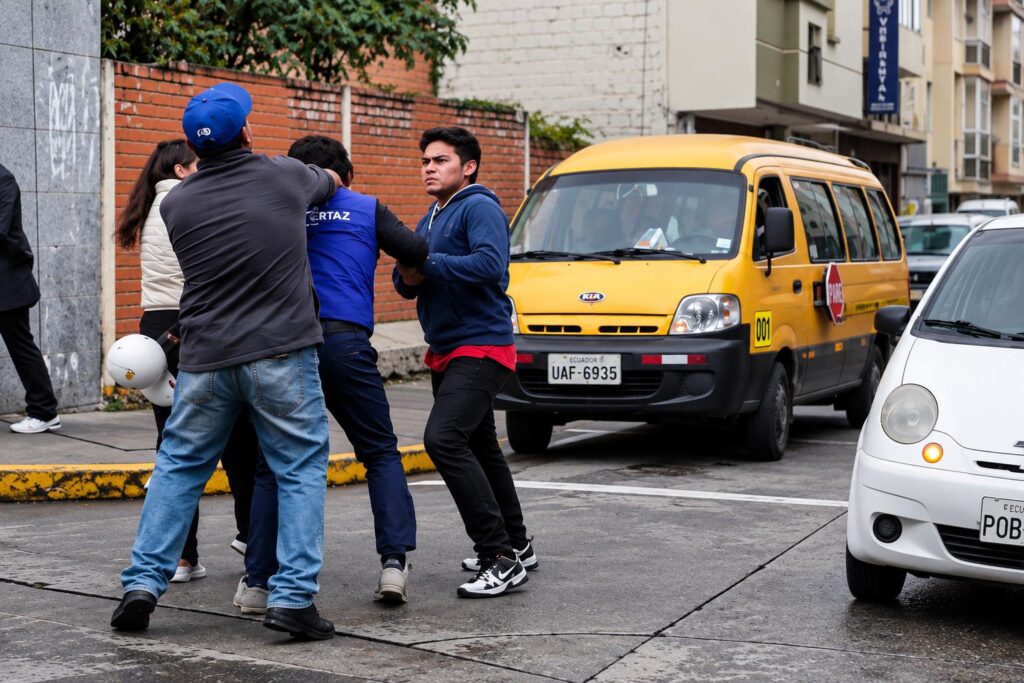Dos hombres y un agente de tránsito en una calle con vehículos.