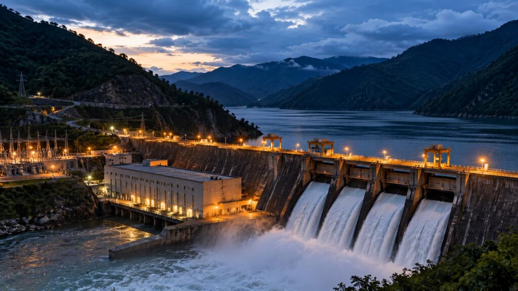 Una represa con vertederos abiertos y un embalse entre montañas al anochecer.