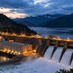 Una represa con vertederos abiertos y un embalse entre montañas al anochecer.