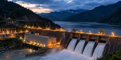 Una represa con vertederos abiertos y un embalse entre montañas al anochecer.